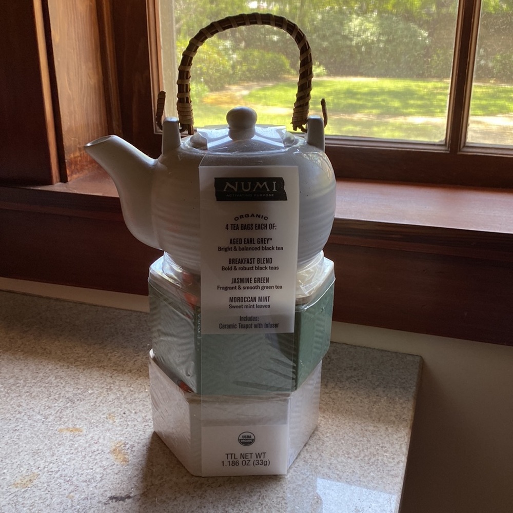 Numi ceramic teapot w/ infuser & 2 lidded ceramic boxes of various organic teas
